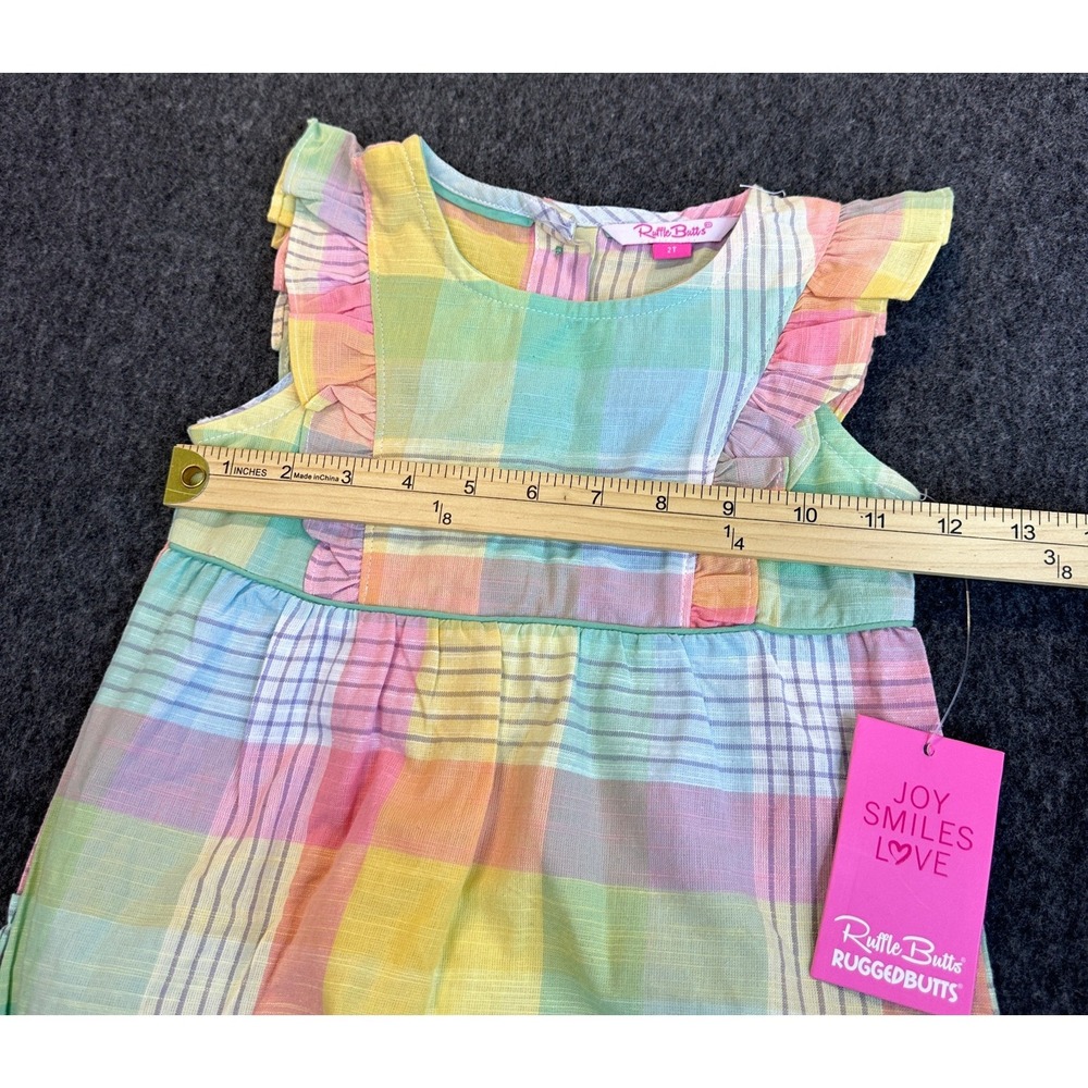 NEW RuffleButts Girls Romper Rainbow Gingham Plaid Size 2T Snap Ruffle Butts - Picture 13 of 14